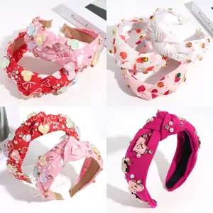 Valentine's Day Heart Knotted Wide Headband Polyester Rhinestone Artificial Pearl High Crown Hair Hoop Women Hair Accessories