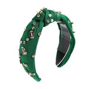 Green knotted headband with football charms pearls and rhinestones chic fashion hair hoop for women