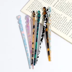 Elegant acetate hair sticks set, stylish marbled and leopard print hair pins for women styling.