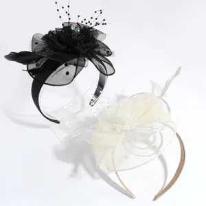 Elegant feather mesh flower headband detail view for women's party and banquet fashion accessories.