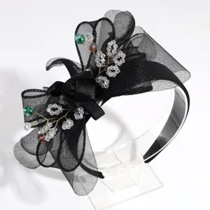 Eleganter schwarzer Mesh Schleifen Haarreif mit Strass und Blumen Details für Damen Party Haarschmuck.
