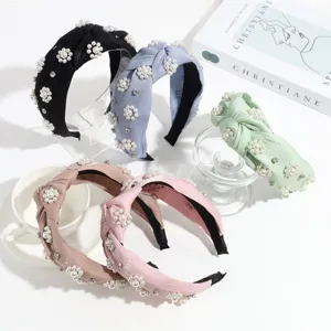 Retro perla sintética diadema con nudo mujer moda elegante ancho aro de pelo accesorio