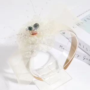 Elegantes Schleifen-Haarband mit Netzblumen, Perlen und Strass für Party- und Bankettbekleidung.