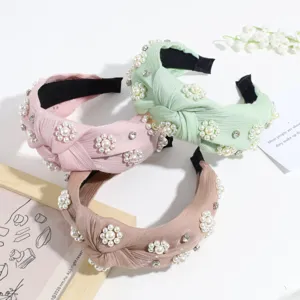 Diadema con nudo plisado de estilo vintage elegante con perlas artificiales y estrás, lote de 3.