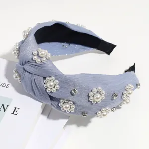 Diadema con nudo azul retro con perlas sinteticas y diamantes accesorio de cabello para mujer