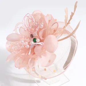 Elegant pink flower feather fascinator headband for women banquet party hair accessory.