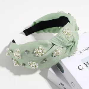 Diadema verde plisada con nudo, perlas y estrás accesorio para el cabello elegante mujer