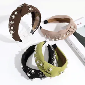 Set de diadema trenzada con perlas retro, elegante banda para el cabello de tela con diamantes.