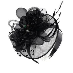 Black feather fascinator headband with mesh flowers, ideal for party wedding and banquets.