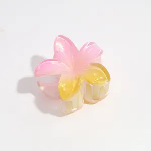 Close-up detail of gradient flower hair claw clip, pink and yellow translucent aesthetic.