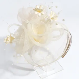 Elegant white mesh floral headband for women, stylish wedding banquet hair accessory.