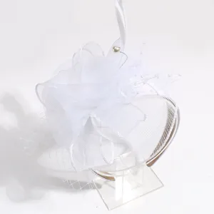 White feather mesh fascinator detail, elegant wedding party court style floral headband.