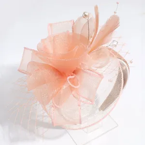 Close-up view of elegant pink mesh flower feather fascinator headpiece detail accessories