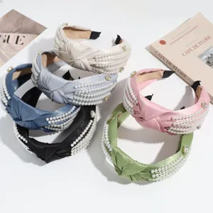 Stylish wide knotted hair hoops with elegant faux pearls and rhinestones, multi-color set.