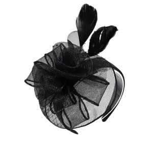 Black feather mesh fascinator headband elegant floral tea party cocktail hair accessory