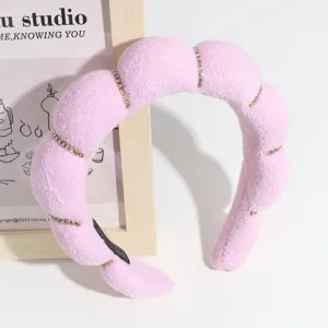 Roze pluche spons haarband met strass brede gewatteerde haarhoop voor dames dagelijks