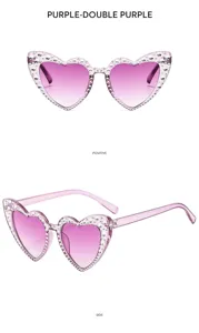 Gafas de sol de corazon para ninos con pedreria, lentes degradado morado proteccion UV bebe.