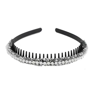 Cerchietto nero con perle e strass e denti, fascia per capelli antiscivolo elegante.
