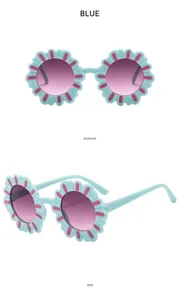 Occhiali da sole fiore bambini graziosi spiaggia dettaglio montatura blu lenti rosa simpatici