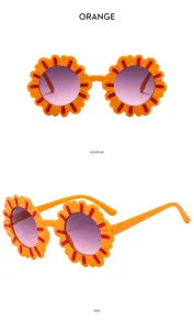 Occhiali da sole per bambini con montatura arancione a fiore e lenti sfumate viola.