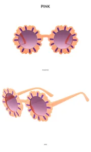 Dettaglio occhiali da sole fiore bambini, montatura rosa con dettagli viola e lenti sfumate.