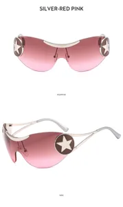 Occhiali da sole Y2K con stella, lenti rosa sfumate e montatura in metallo argentato.