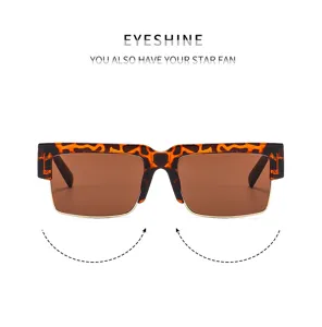 Half-frame square sunglasses with retro tortoiseshell top rim and brown lenses for men and women.