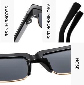Men's fashion half-frame square sunglasses detail view showing sturdy hinge and comfortable nose bridge.