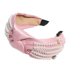 Fashion pink wide knotted headband with faux pearls and rhinestones for women hair accessory