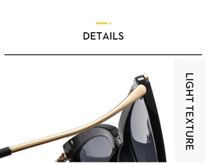 Primer plano de gafas de sol para mujer estilo ojo de gato con montura negra y patillas doradas.
