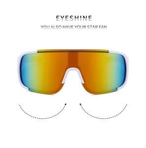 Detailed view of fashionable large-frame cycling sunglasses with colorful mirrored lenses.
