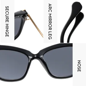 Vista detallada de gafas de sol de ojo de gato negras con bisagra y puente nasal.