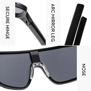 Detail view of large frame square outdoor cycling sunglasses showing secure hinge and nose bridge.