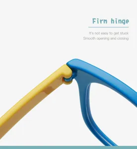 Kids glasses firm hinge detail shot, smooth opening and closing, flexible durable frame.