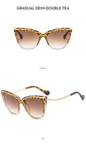Vista detallada gafas de sol ojo de gato mujer, montura leopardo, puente dorado, lentes marrones.