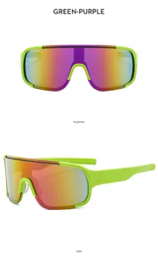 Detailed view of fashionable large frame outdoor cycling sunglasses with colorful reflective lenses.