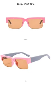 Detailed view of trendy pink square sunglasses with brown lenses and grey temples for men.