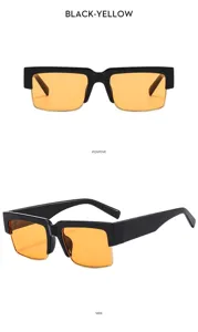 Close-up detail of trendy half-frame square sunglasses featuring bold orange lenses.