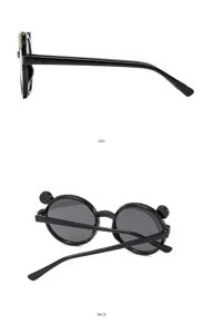 Cute kids black round sunglasses with cat ears and rhinestones for outdoor sun protection.