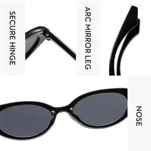 Close up detail view of retro oval sunglasses showing secure hinge, mirror leg and nose bridge.
