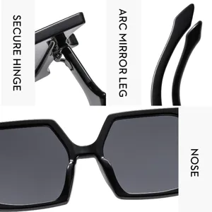 Fashion irregular bat sunglasses detail view, black frame, secure hinge and arc mirror leg.