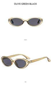Detail view of vintage oval sunglasses with olive green translucent frame and dark sun lenses.