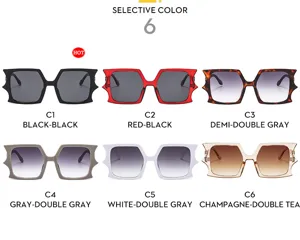 Trendy bat shape sunglasses detail view showing 6 chic color variants for women fashion.