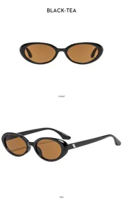 Retro oval sunglasses detail view with black frame and brown lens for outdoor style.