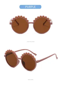 Occhiali da sole rotondi per bambini con decoro a margherita, protezione UV.