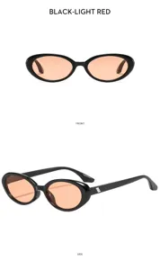 Detailed view of the retro oval sunglasses featuring black frames and light red tinted lenses.