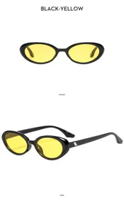 Vintage oval sunglasses for men and women, black frame yellow lens trendy retro eyewear.