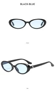 Vintage oval sunglasses with black frames and light blue lenses for trendy outdoor wear.