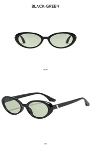 Retro oval sunglasses feature sleek black frames and light green lenses, perfect vintage look.