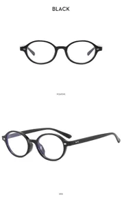Lunettes de vue rondes noires vintage vue détaillée, verres anti-lumière bleue, monture.